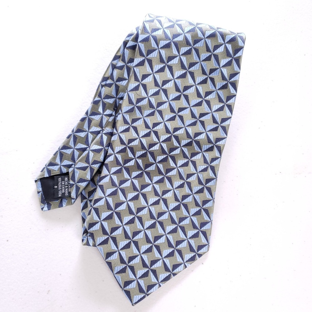 Geoffrey Beene‎ Silk Tie Blue Tan Geometric Optical Pattern Classic Menswear